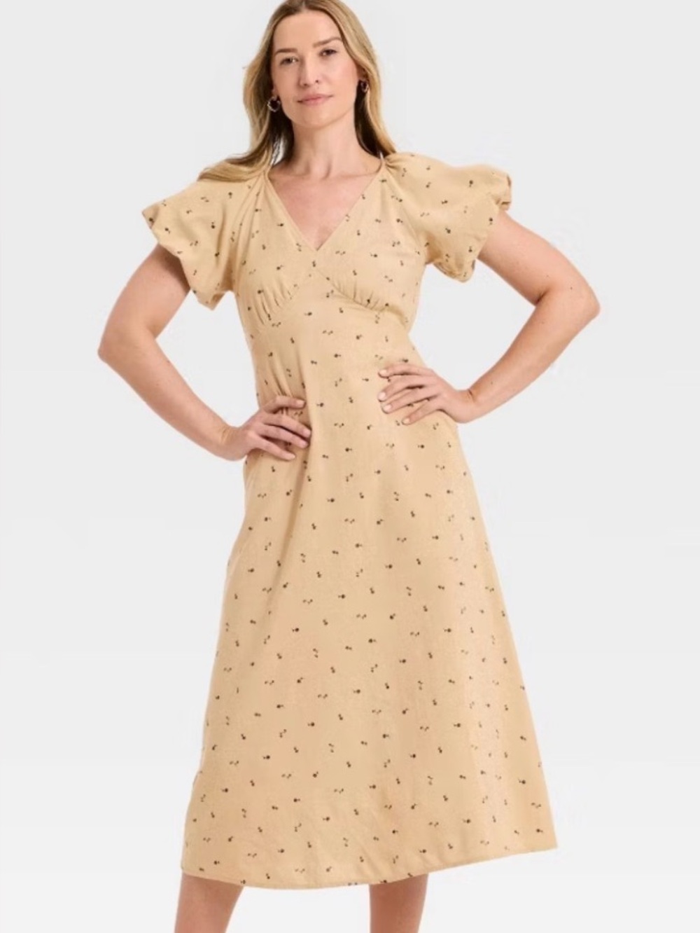 Universal Thread Beige Floral V-Neck Midi Dress with Flutter Sleeves